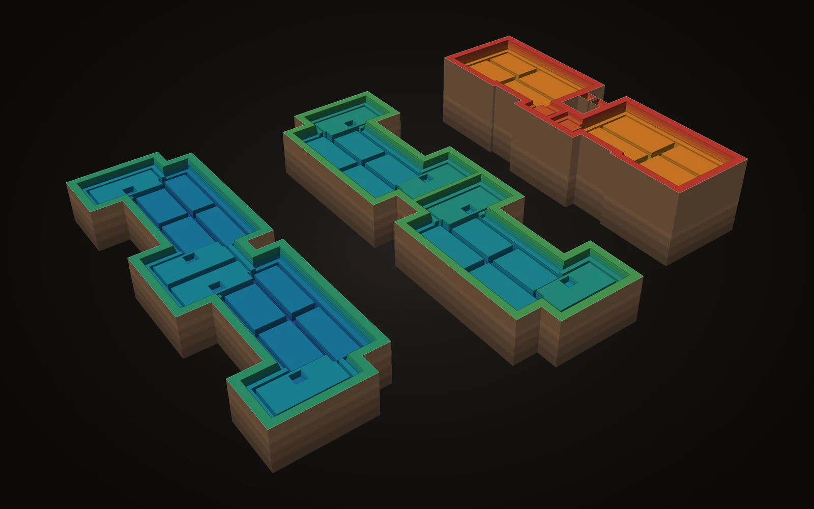 Fundamente für drei Gebäude, 3d in höhenfarben