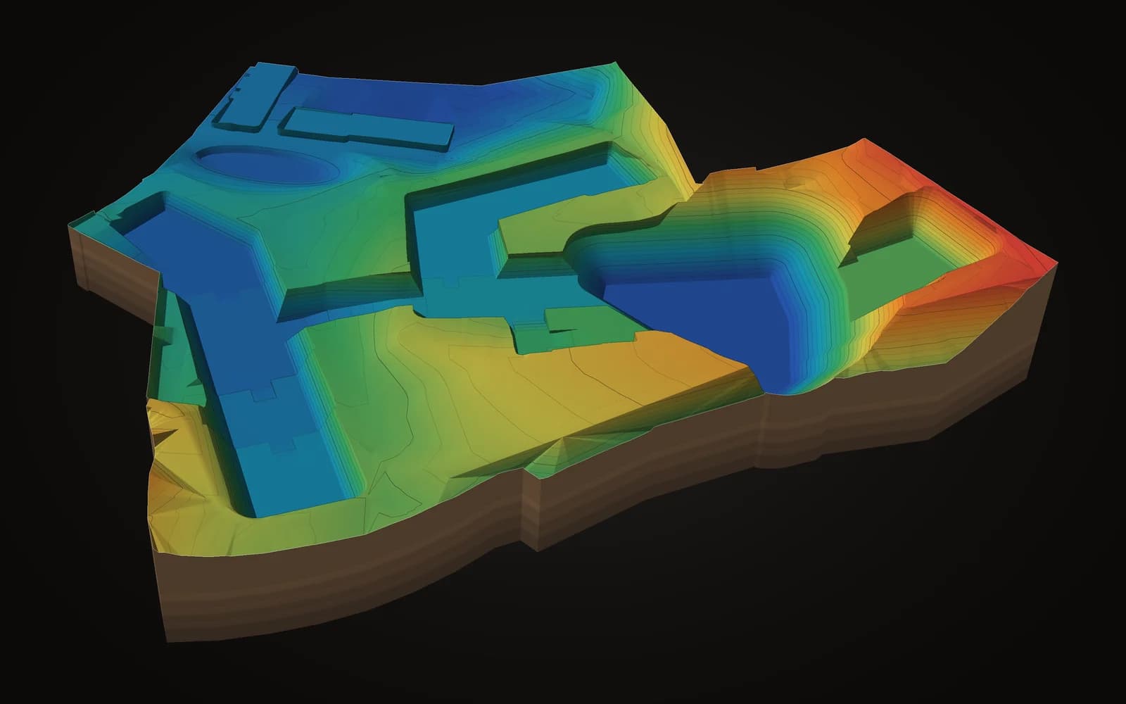 Baufeld mit Planien und Versickerungsmulde, 3d in höhenfarben