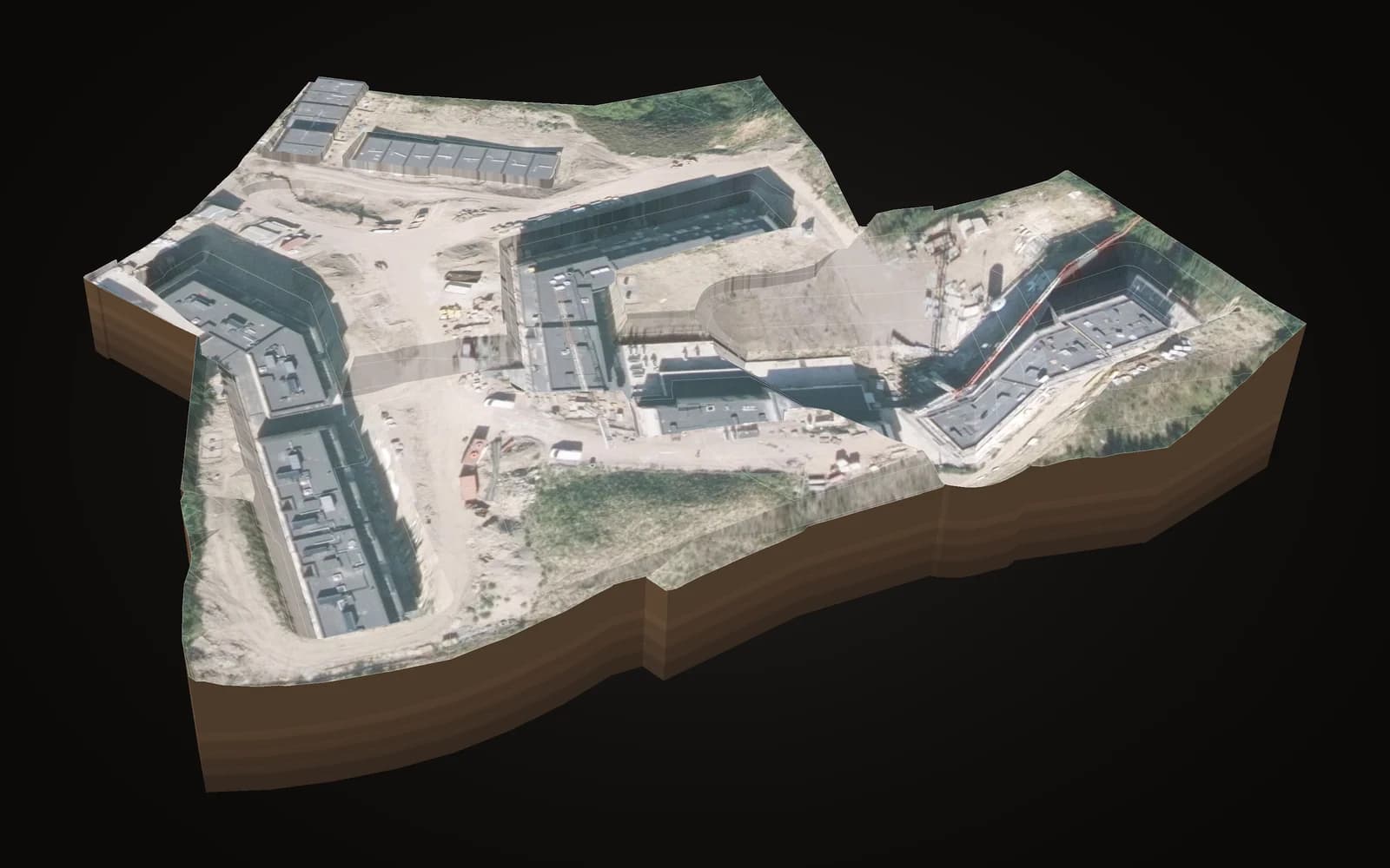 Baufeld mit Planien und Versickerungsmulde, 3d auf dem luftbild
