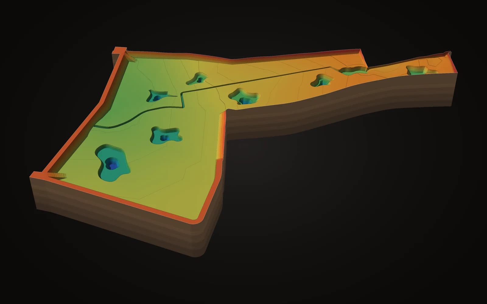 Rückhaltebecken mit Tümpeln, 3d in höhenfarben
