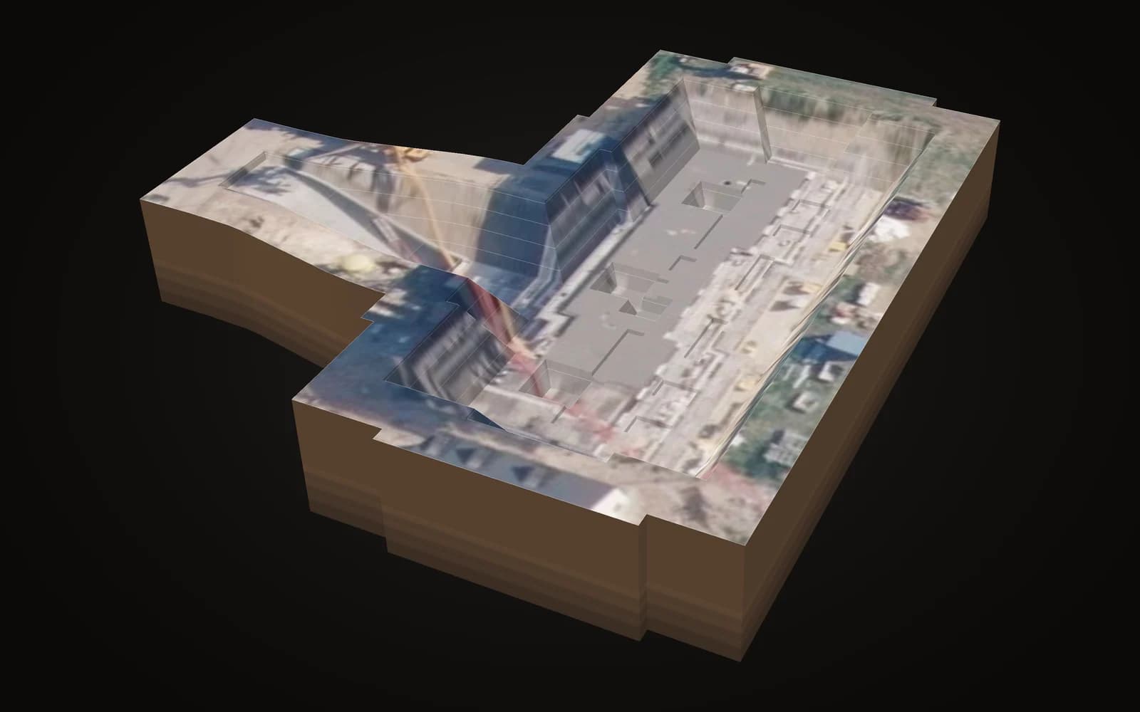 Baugrube mit Fundamentgruben, 3d auf dem luftbild