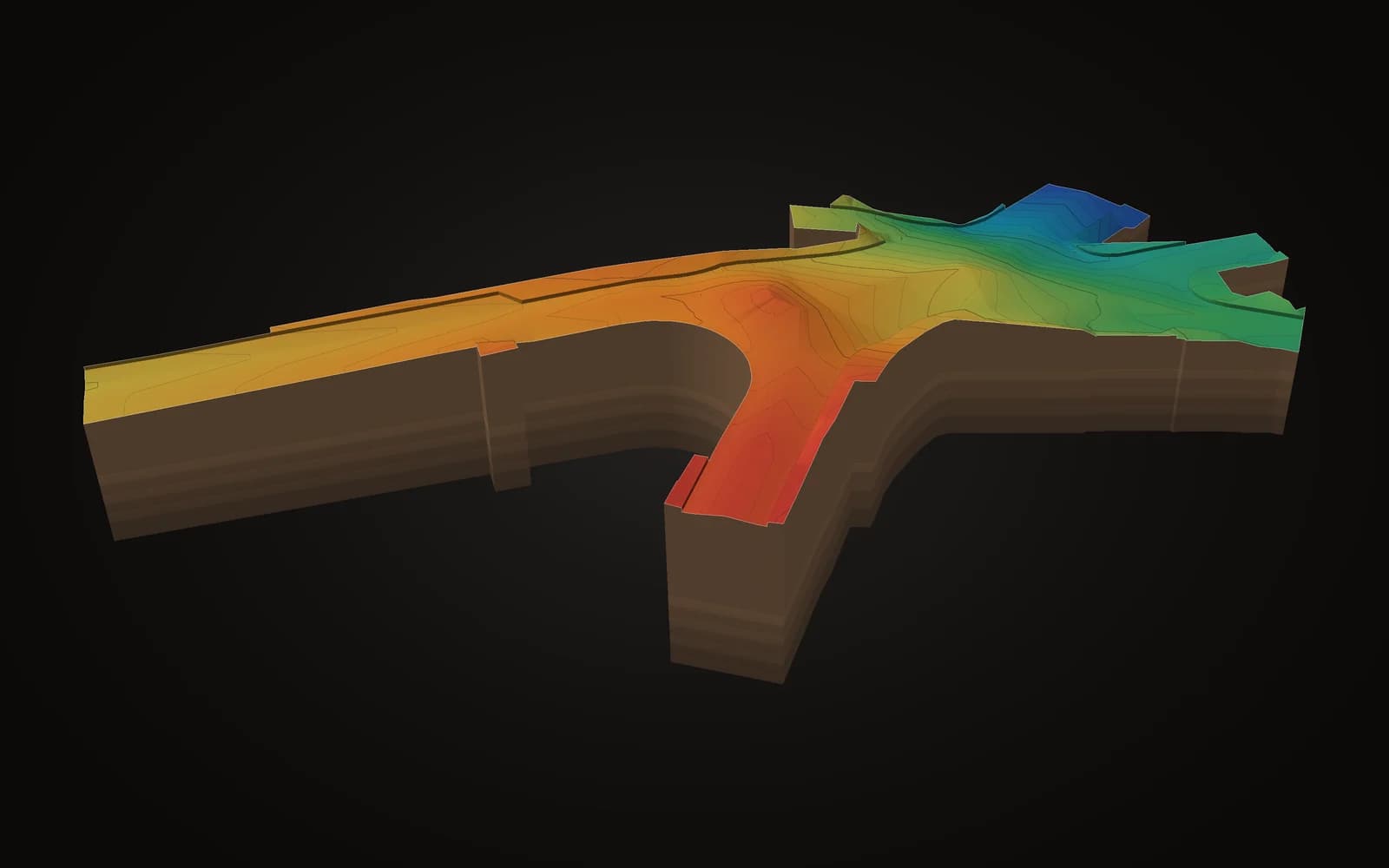 Kreuzung mit neuem Abzweig, 3d in höhenfarben