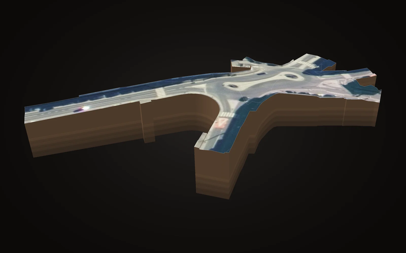 Kreuzung mit neuem Abzweig, 3d auf dem luftbild