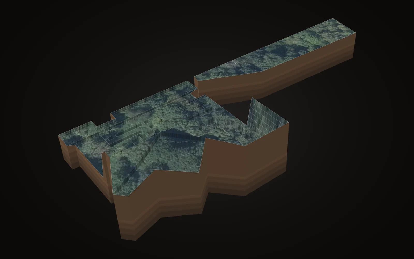 Baugrube mit langer Zufahrt, 3d auf dem luftbild