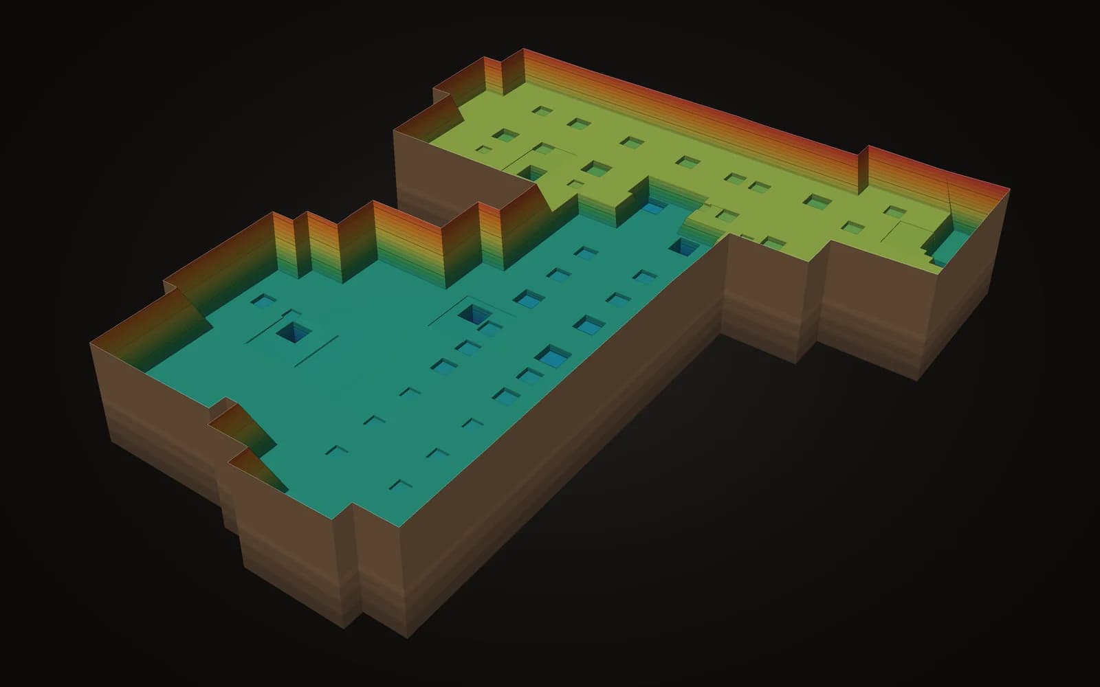 Baugrube auf zwei Ebenen, 3d in höhenfarben